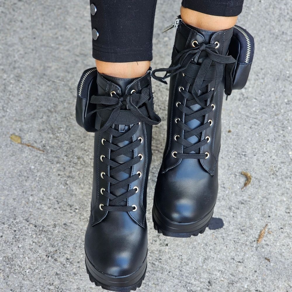 Women's Black Block Heel Lace Up Botties - Picture 2 of 5